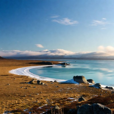 Curved turquoise lake with snowy shore