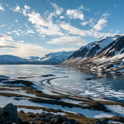 Snowy Mountains and Frozen Lake