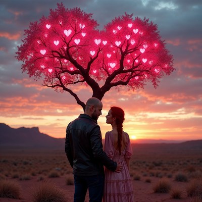 Couple Embracing Under Neon Heart Tree