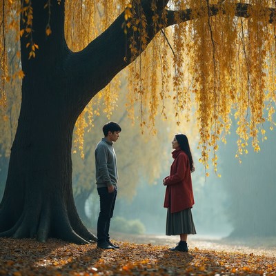 Asian couple under golden weeping willow