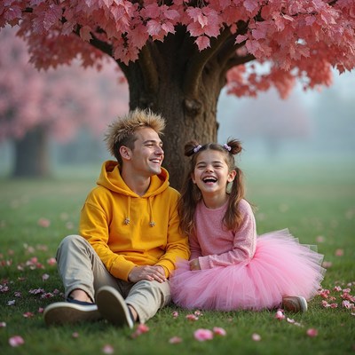 Father and daughter laughing under pink tree