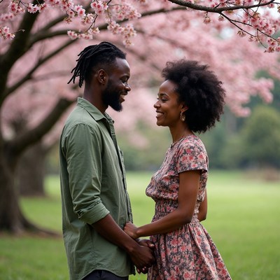 African-American couple under cherry blossoms