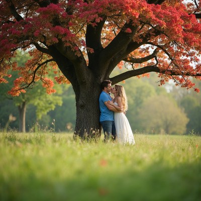 Couple embracing under red maple tree