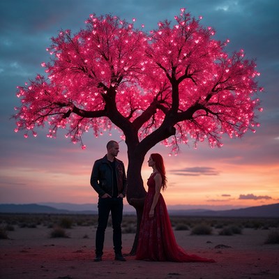 Couple embracing glowing pink heart tree sunset