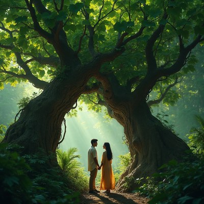 Romantic couple under ancient tree arch