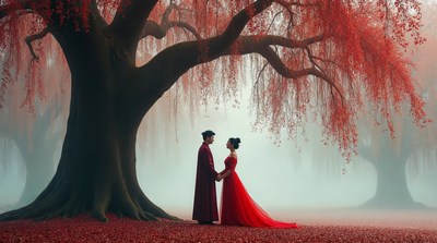 Asian couple under red willow tree