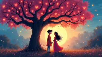 Boy and Girl Under Heart Tree