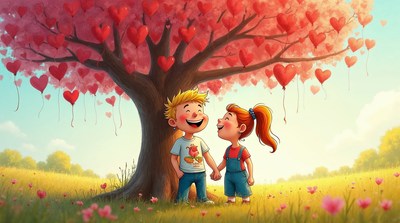 Boy and girl under heart tree