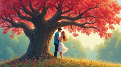 Couple kissing under red maple tree