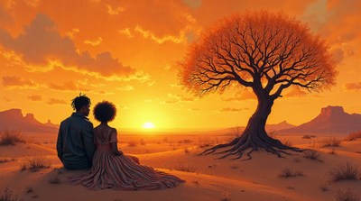 African-American couple watching sunset by tree