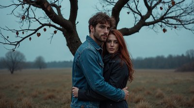Couple embracing under bare tree