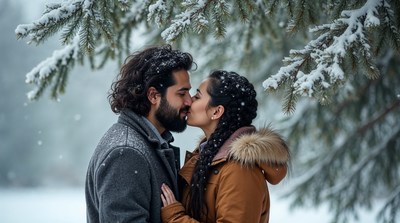Couple kissing in snowy forest