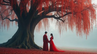 Asian couple in red robes under red willow tree