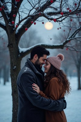 Couple embracing under snowy tree with moon