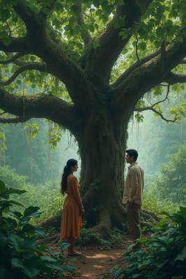 Asian couple standing by ancient tree