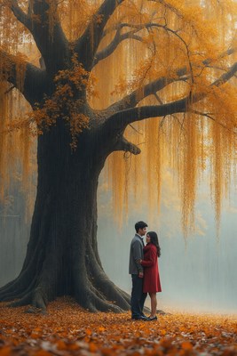 Couple embracing under golden weeping willow
