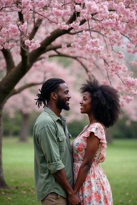 Black couple under cherry blossoms