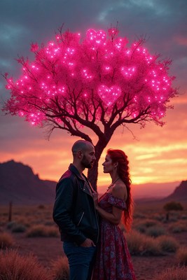 Couple Embracing Under Neon Heart Tree