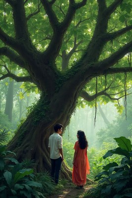 Asian couple standing by ancient tree