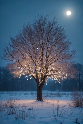Tree with fairy lights in snowy field