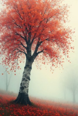 Red Autumn Tree in Foggy Field