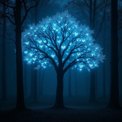 Glowing Heart Tree in Dark Forest