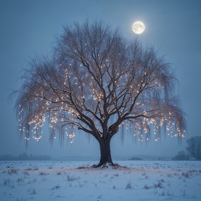Lit Willow Tree Under Moonlit Snow