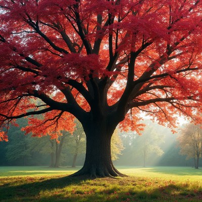 Vibrant Red Maple Tree in Autumn Park