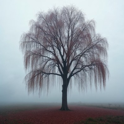 Weeping Willow Tree in Foggy Field