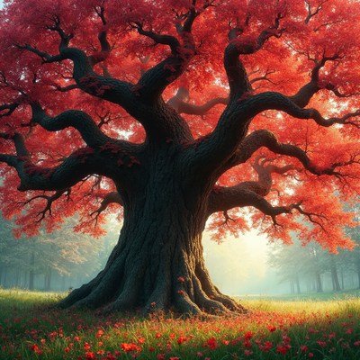 Majestic Red Autumn Tree in Forest