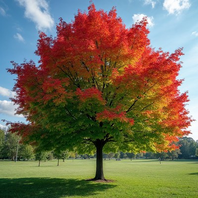 Vibrant Red Maple Tree in Grass Field