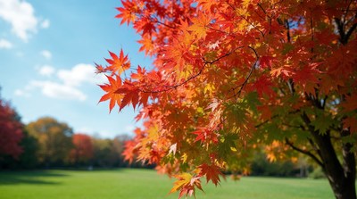 Vibrant red maple tree in autumn park