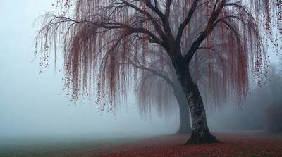 Red Weeping Willow Tree in Fog