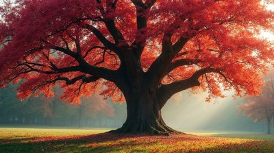 Majestic Red Autumn Tree in Field