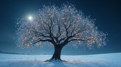 Snowy Tree with Lights Under Moon