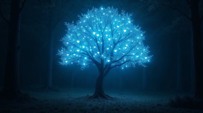 Glowing Blue Heart Tree in Dark Forest