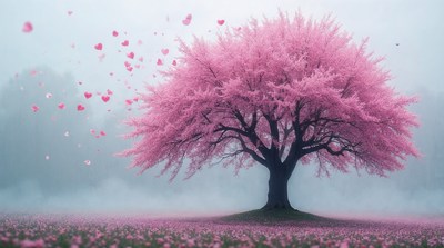 Pink Cherry Blossom Tree with Falling Petals