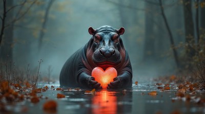 Hippo holding glowing heart