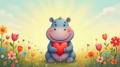 Cute hippo holding heart in flower field