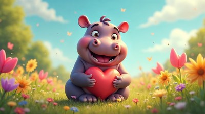 Cute hippo holding heart in flower field