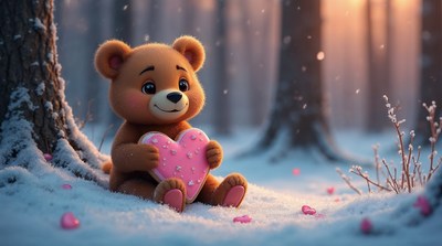 Cute teddy bear holding heart in snow