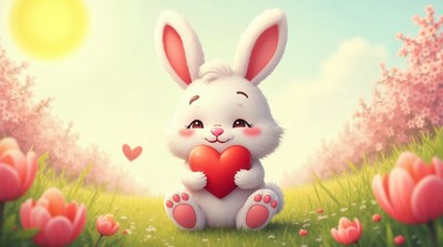 Cute bunny holding red heart