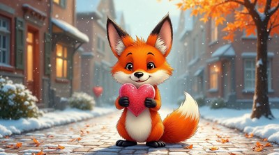 Cute Fox Holding Heart in Snowy Street