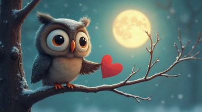 Cute Owl Holding Heart on Tree Branch