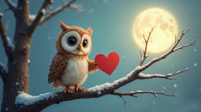 Owl holding red heart on snowy branch
