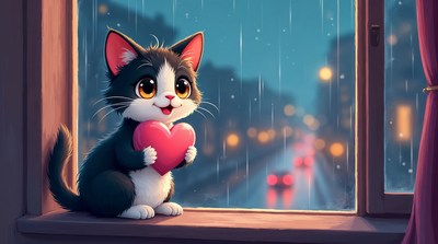 Cute kitten holding heart at rainy window