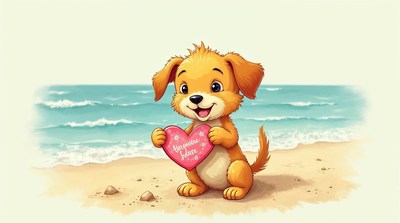 Cute puppy holding heart beach