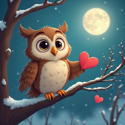 Cute Owl Holding Heart on Snowy Branch