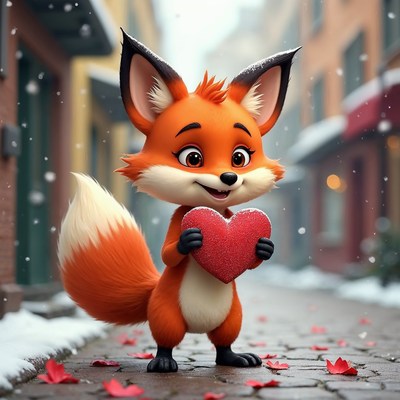 Cute Fox Holding Red Heart Snowy Street