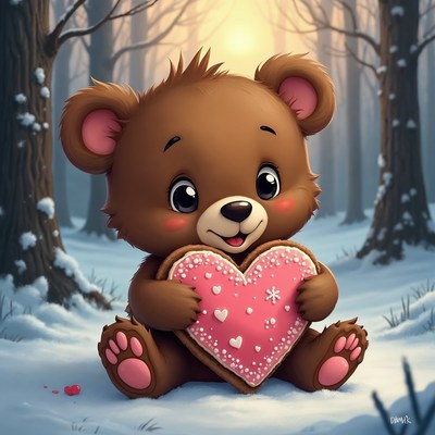 Cute bear holding heart cookie